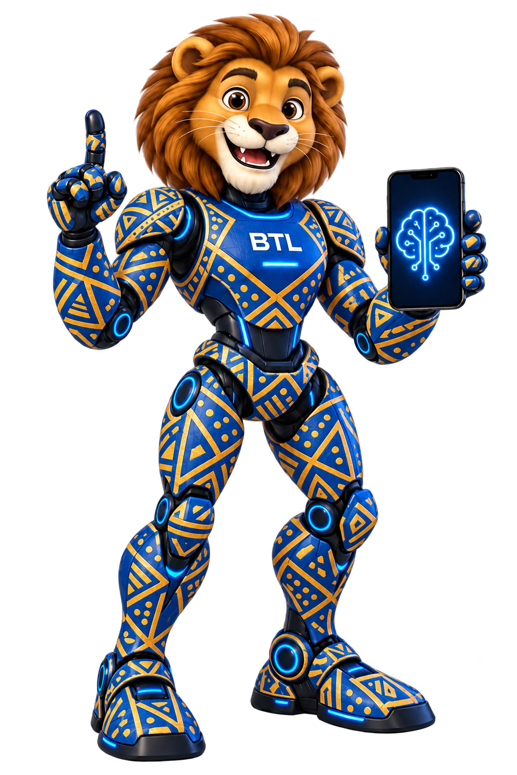 Teranga, la mascotte lion-robot de Bamba Tech Learning, en armure bleue et dorée, présente un smartphone et lève un doigt pour expliquer.